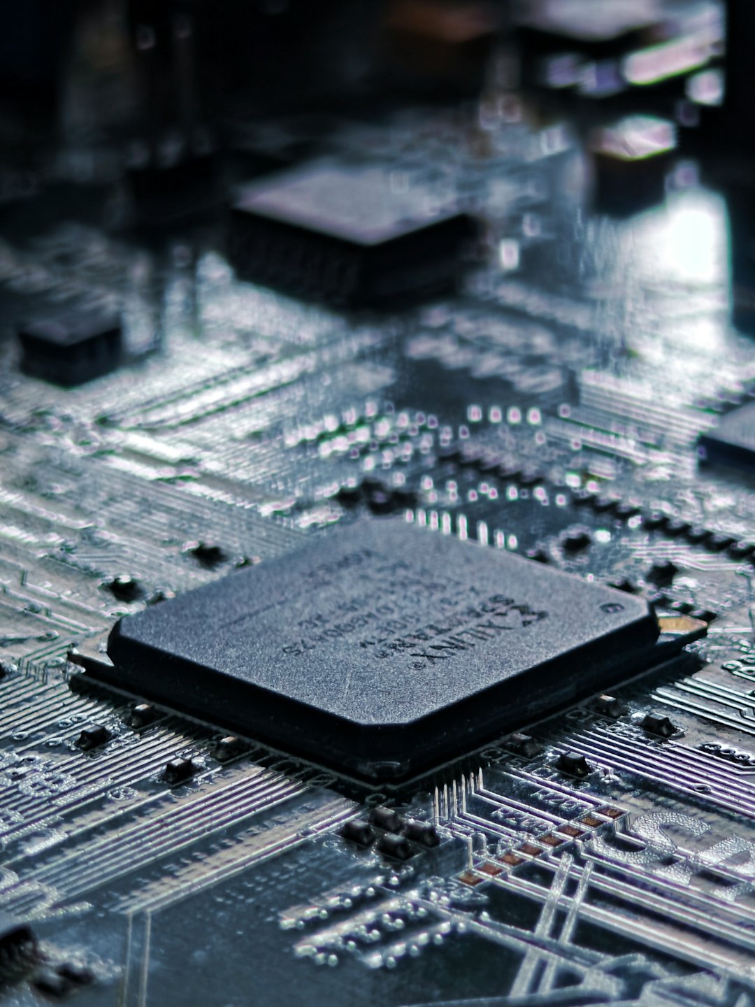 Mikrochip auf einer dunklen Leiterplatte mit komplexen Leiterbahnen.